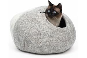 LucyBalu® Grotte de Lit pour Chat | Panier Confortable 100% Laine Naturelle | Niche Fait à la Main au Népal | Maison d'Intérieur | 45x45x28cm | Gris/Blanc