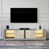 Aydos LED Işıklı Modern TV Sehpası &ndash; Cam Raflı, 2 Kapaklı, 180 cm, Gri/traverten