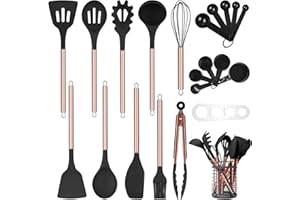 Arquiel Kitchen Utensil Set with Holder, 22 Pcs Silicone Cooking Utensils Set for Nonstick Cookware, Heat Resistance Spatula Set, Stainless Steel Handle Kitchen Gadgets Utensils Set(Black)