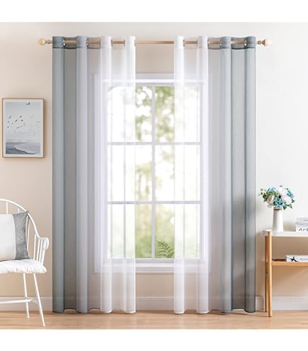 MRTREES Voile gordijnen met oogjes, halftransparant, kort, linnenlook, voorhang, vitrage, wit, 137 x 140 cm (h x b) voor woonkamer, slaapkamer