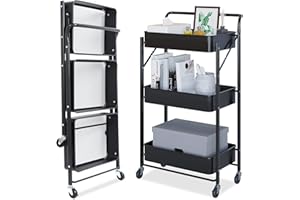 Dripex Desserte à roulettes Pliante Chariot de Service Desserte Roulante à 3 Paniers de Rangement pour Cuisine Salle de Bain Bureau ‎40 x 30 x 89,5 cm - Noir