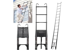 JADDUO Telescopic Ladder, 4.4 m, Aluminium Folding Ladder with Hooks, Folding Step Boards, Aluminium Multi-Purpose Ladder, 150 kg Load Capacity, Step Spacing 30 cm, Black