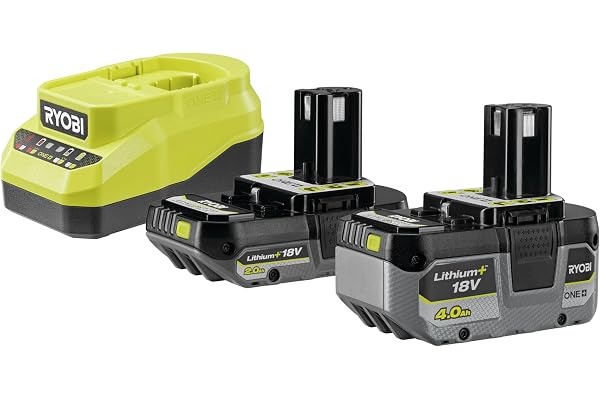 RYOBI Paket 18V One+ laddare 2 A, batterier 4,0 och 2,0 Ah RC18120A-242X | 4 LED-indikator, stötsäkra celler, överhettningsskydd, kompatibel med alla verktyg i ONE+-sortimentet