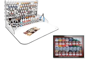 SILU Paint Station avec grande table de travail avec extension et pack de 16 peintures acryliques Vallejo, trier les bateaux, pinceaux et outils