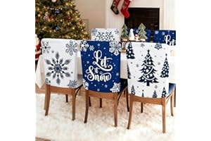 Treer Blue Christmas Chair Covers Set of 6, Christmas Seat Dining Chair Back Covers Short Plush | Xmas Party Holiday New Year Kitchen Decoration | White Snowflake 60x50 cm