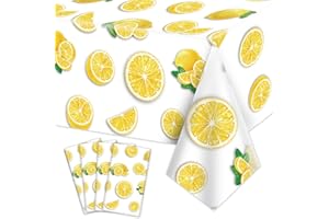 PTECDROTS 4Pcs Lemon Party Tablecloths, Yellow Tablecloth Plastic, Rectangular Lemonade Stand Supplies for Kids Birthday Baby Shower Summer Fruit Party, 130 x 220cm