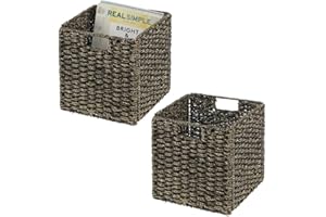 mDesign Juego de 2 cajas de almacenaje – Cajas organizadoras plegables hechas de junco marino – Cestas de almacenaje con patrón trenzado – Ideales para estanterías cuadradas – negro
