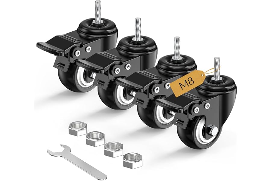 HOLKIE Castor Wheels 50mm Total Locking Stem Castors Set of 4 Heavy Duty, M8 x 1.25 x 25mm (Stem Diameter 8mm, Length 25mm) Threaded Casters with Brakes Trolley Furniture Swivel Caster Wheels