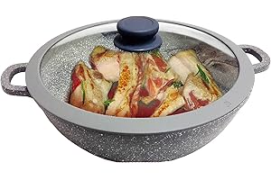 EURONOVITA' SRL ITALY Padella,Griglia,Tegame Wok con Manici e Coperchio in Silicone 32 cm Padella Pietra Stone vulcanica Rivestimento in Pietra,Fondo induzione EN-224382