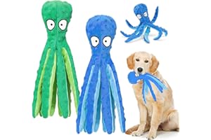 WanderGo Squeaky Octopus Dog Toys - 2 PCS Plush and Crinkle Paper Soft Toy for Teeth Cleaning - Large and Medium Dogs (Blue+Green)