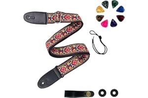 VINPAM Vintage Guitar Strap - Jacquard Embroidery Cotton with Leather Ends for Acoustic, Electric & Bass Guitars, Gibson-Style | inc. Strap Locks, Buttons & 3 Plectrums
