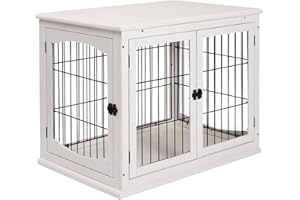 PawHut Jaula para Perros de Madera con Superficie de Mesa 2 Puertas y Rejillas de Metal 81x58,5x66 cm Blanco
