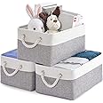 Kriovoa 3 Pcs Fabric Storage Baskets, Foldable Storage Baskets with Handles, Canvas Storage Boxes for Shelves, Toys, Clothes, Books 36x26x18cm, White and Grey.