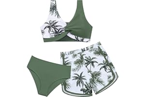 BOBORA Girl's 3 Piece Swimsuit Tropical Print Teen Bathing Suit Twist Cross Bikini Swimwear with Cover Up Shorts Size 9-16