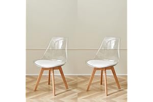 GrandCA HOME Pack 2 Sillas de Comedor con Respaldo Transparente y Patas de Madera, Sillas Tapizadas Sillas Nórdicas para Cocina Comedor, (Blanco/Cuero)