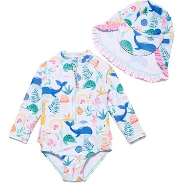 HKYFNNBW Baby Badeanzug Für Mädchen – Langärmelig, Mit Reißverschluss & Hut – Süßes Erdbeer-Design – Einteiler Für Strand & Pool