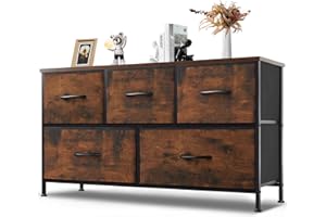 ‎DUMOS DUMOS Kommode mit Schubladen - kommoden&Sideboards für Schlafzimmer Geeignet, Komodenschrank mit 5 Schubladen, Stoffkommode mit Stabilem Stahlrahmen, Ideal für Schlafzimmer, Wohnzimmer (Vintagebraun)