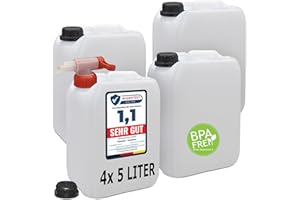 plasteo® Juego de 4 bidones vacíos de 5 litros con cierres de seguridad y 1 grifo AFT (DIN 45), apto para alimentos, apilables y estables, para interior y exterior, sin BPA, aprobación de mercancías