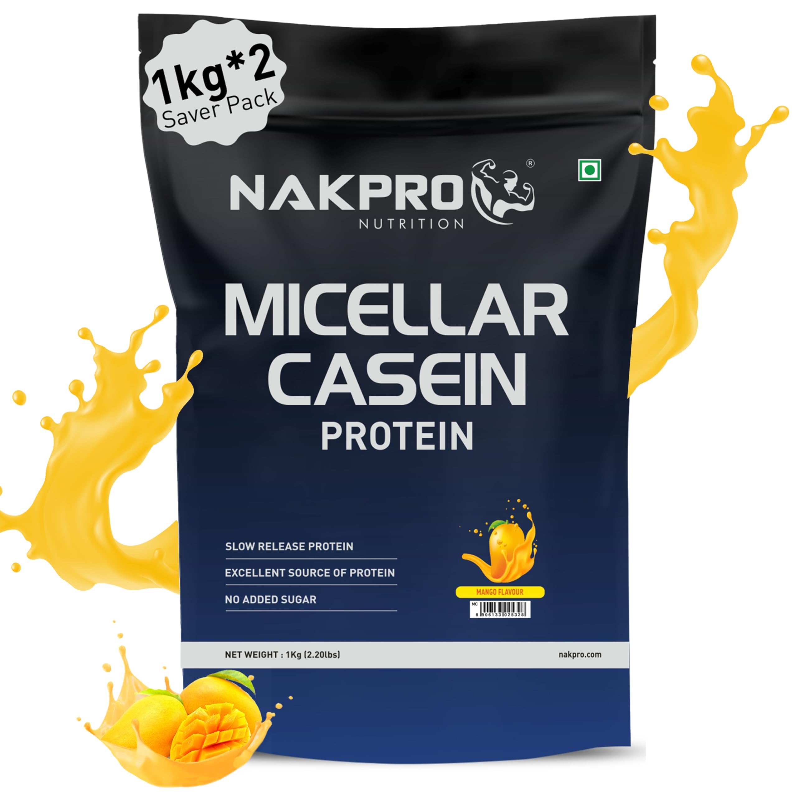 NAKPRO 100% Micellar Casein Protein Supplement |25g Protein, 9.91g EAAs, 4.83g BCAAs| Slow Absorbing Micellar Casein Protein 