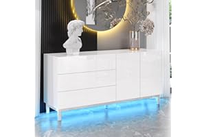 ‎LUXOAK LUXOAK Sideboard Hochglanz Weiß mit LED, Modernes Sideboard mit 2 Türen & 3 Schubladen, Wohnzimmer, Kommode mit elektroverchromten Akzenten, 160 x 76 x 40 cm