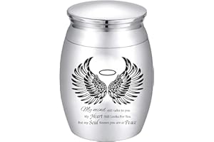 CREATCABIN Small Keepsake Urns Mini Cremation Urn for Human Ashes Alloy Sharing Funeral Urn Memorials Ashes Holder Miniature Container Black Angel Wings for Family Friend Pet 1.6x1.2Inch-Silvery