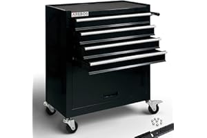 ‎AREBOS Arebos Werkstattwagen 4 Fächer + großes Fach für Werkzeug Kratzfeste Oberfläche | inkl. Antirutschmatten | kugelgelagerte Schubladen Interlock-System | 2 Rollen mit Feststellbremse | Schwarz