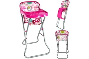 The Magic Toy Shop BiBi Doll Foldable Baby Doll Highchair with Metal Frame and Attached Feeding Table - Role Play Toys Pretend Play Accessories for Dolls High Chair