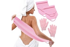 LUFFLOK Bath Sets, 2Pcs Exfoliating Glove and 2Pcs Body Scrubber, Back Scrubbers for Use in Shower, Exfoliating Mitt and Exfoliating Towel for Body, Face, Shower, Bath and Deep Cleansing (Pink)