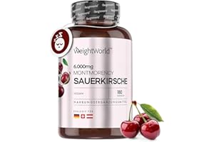 WEIGHTWORLD Cerise de Montmorency Extrait Puissant 50:1, Vegan & Naturelle, Source de Vitamine C, A, E, B6, Mélatonine, Potassium, Magnésium, 6000 mg/Jour, 180 Gélules (3 Mois), Antioxydant Puissant, Bien-Être