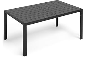 PIZZELLO Garden Dining Table for 4-6, 150 cm Rectangular Outdoor Garden Tables with Wood-Like HDPE Slat Top, All Weather Metal Patio Dining Table for Backyard, Black