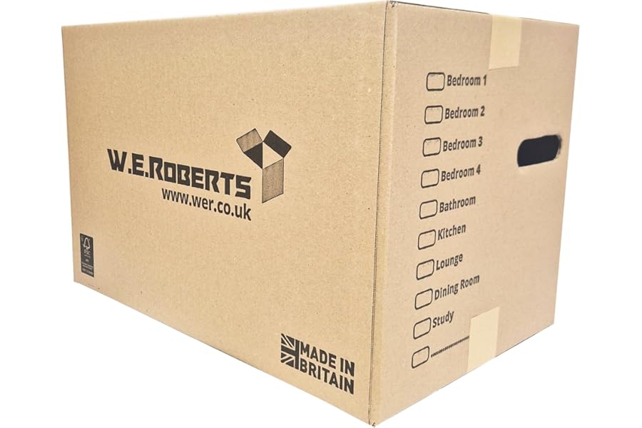 10 Strong Large Cardboard Storage Packing Moving House Boxes with Carry Handles and Room List – Ideal for Storage, Moving, and Packing 18" x 11" x 11" internal. Made in the UK