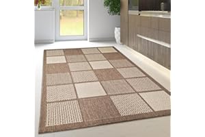 VIVA RUGS Non Slip Rug Kitchen Living Room Fat Weave Check Carpet Small Large Runner Mat (120x160cm - 4'x5'3" ft, Natural Brown Checkered)