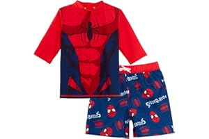 SPIDER-MAN Boys Swim Shorts + Rash Vest 2 Piece Swim Set Kids Marvel Surf Top + Board Shorts Swimming Set