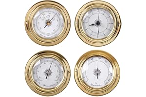 WMGoods Lot de 4 thermomètres, hygromètres, baromètres, horloge, 9,8 cm, coque en cuivre, station météo extérieure, baromètre multifonction, pour accrocher la maison, le bureau, la pêche, la voile