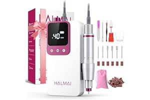HALMAI Electric Nail Drill Professional, Portable Nail File for Acrylic Gel Nails, Cordless Rechargeable Ultra Power Nail Drill Kit 40000RPM, HMC320 Salon-Grade Efile Nail Machine (White)