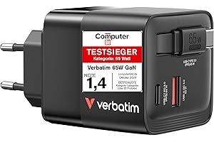 Verbatim GaN Charger 65 W 2-Port USB-C Ladegerät mit ausziehbarem USB-C Kabel, USB-C und USB-A Power Adapter, Schnellladegerät für iPad, iPhone 17/16, Galaxy S25, Travel Adapter für EU, UK, USA