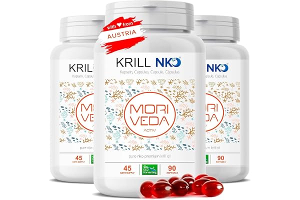 MoriVeda NKO Huile de krill, 270 capsules molles (softgels) avec Oméga-3 6 9 (EPA/DHA), astaxanthine, vitamine E, choline et phospholipides, certifié MSC & durable