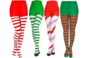 YuZhou 4 Pairs Christmas Striped Tights Red & Green, Red & White, Green & White, High Stocking Stripy Tight Pantyhose Full Length Sock Spandex Tight Fancy Dress Costume for Santa Xmas Cosplay Party
