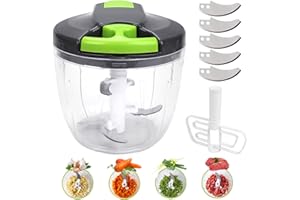 ZXPASRA Hachoir Manuel 900ml, Hachoir Oignon Manuel Avec 5 Lames En Acier Inoxydable Et 1 Mélangeur, Mixeur Manuel, Coupe Oignon Manuel pour Oignon, Ail, Viande, Légumes, Noix