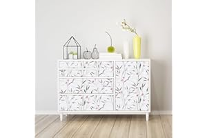 JOLIHOME Papier Peint Blanc Sticker Mural Vintage Feuilles et Fleurs à Décoller et à Coller Papier de Contact Vert Gris et Rose Film Vinyle Adhésif pour Chambre à Coucher Imperméable 44.5x500cm