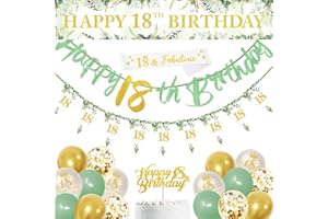 DEARLIVES 18th Birthday Decorations,Sage Green 18th Birthday Party Decorations Include Happy 18th Birthday Banner,Triangle Flag and Confetti Balloons for Party Birthday Decorations