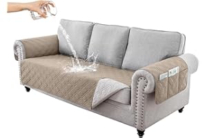 RAPRAP Sofa Cover 3 Seater 100% Waterproof Sofa Protector with Side Pockets for Kids, Pets, Dogs, Durable Non-Slip Three Seater Couch Covers, Washable,Khaki,3 Seater
