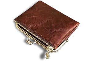AOXONEL Womens Wallet Small RFID Ladies Compact Bifold Leather Vintage Coin Purse with Zipper and Kiss Lock (Brown)