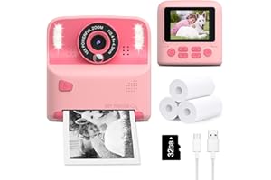 Amzelas Kids Instant Print Camera, Christmas Birthday for Age 3-12 Girls Boys Gifts, Inkless Thermal Printing Black&White Photo for Toddler Toys with 32GB Card (Rose)