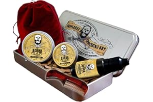 THE BEARD AND THE WONDERFUL Kit barbe pour homme avec huile de barbe traditionnelle, cire de moustache, baume anti barbe et mini peigne, emballé dans une boîte cadeau en super aluminium. une faible odeur