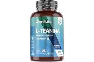 WEIGHTWORLD L Teanina 400mg con Vitamina B6 y Pimienta Negra - 180 Cápsulas de las Hojas del Té Verde y Negro para 6 Meses de L Theanine Vegano, Sin OGM y Sin Lactosa