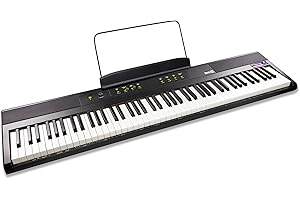 Piano digital RockJam de 88 teclas con teclas semipesadas de tamaño completo, fuente de alimentación, atril para partituras, pegatinas para notas de piano y lecciones de Simply Piano.