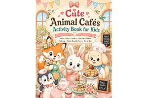 Cute Animal Cafés Activity Book for Kids: Cute Animal Puzzles, Coloring, Mazes, Search & Find, Spot the Difference, Match & T