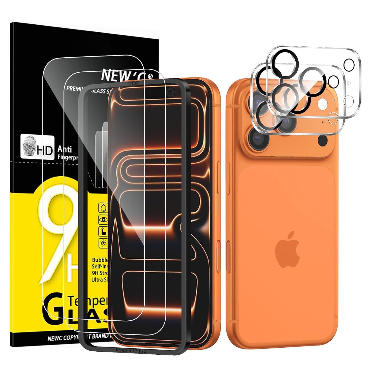 NEW'C Pellicola Vetro per iPhone 17 Pro + Protezione Fotocamera | Set da 4, 2x Vetri Temperati + 2x Protezioni Fotocamera, Trasparente, Kit Installazione Incluso