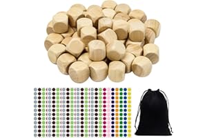 Neikafan 50 Dados de Madera en Blanco 20mm Dados en Blanco Bricolaje Sin Pintar con Bolsa Negra Cordón Y Pegatinas de Puntos de Colores Dados Cubos de Madera para Manualidades,Puzzles,Juegos